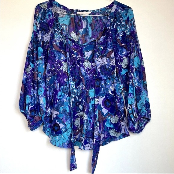 Rebecca Taylor Sz 6 Silk Top Blouse Abstract Floral Boho 3/4 Sleeve Peasant - Picture 1 of 16